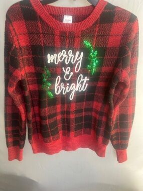 Holiday Time Red & Black Plaid 'Merry & Bright' Sequin Sweater